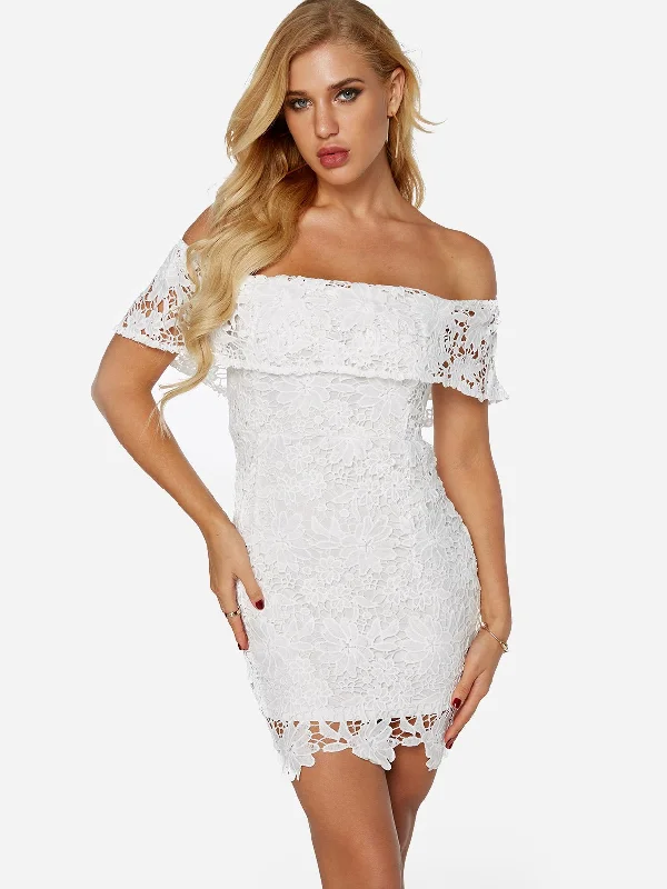 Wholesale White Off The Shoulder Lace Zip Back Bodycon Mini Dresses