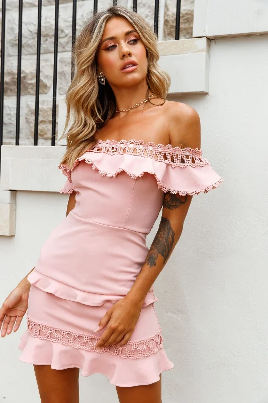 Maddie Off-Shoulder Lace Embroidery Dress Blush