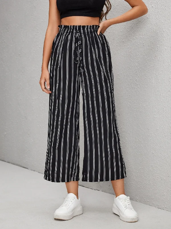 Casual Striped Paper Bag Waist High Waist Cropped Women Pants