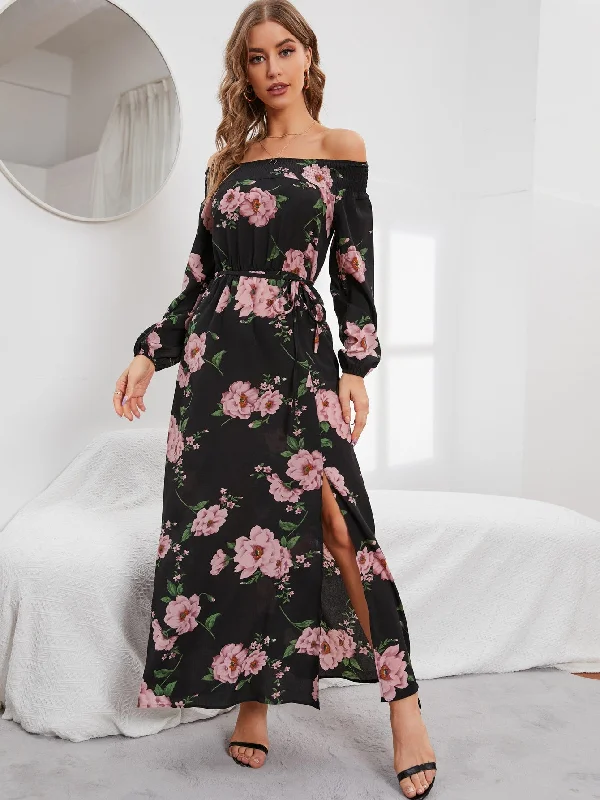 All Over Print Tie Front Long Sleeve Off The Shoulder Slit High Waist Maxi Dress