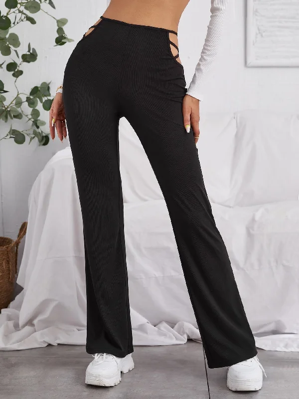 Casual Plain Rib-Knit High Waist Long Women Pants