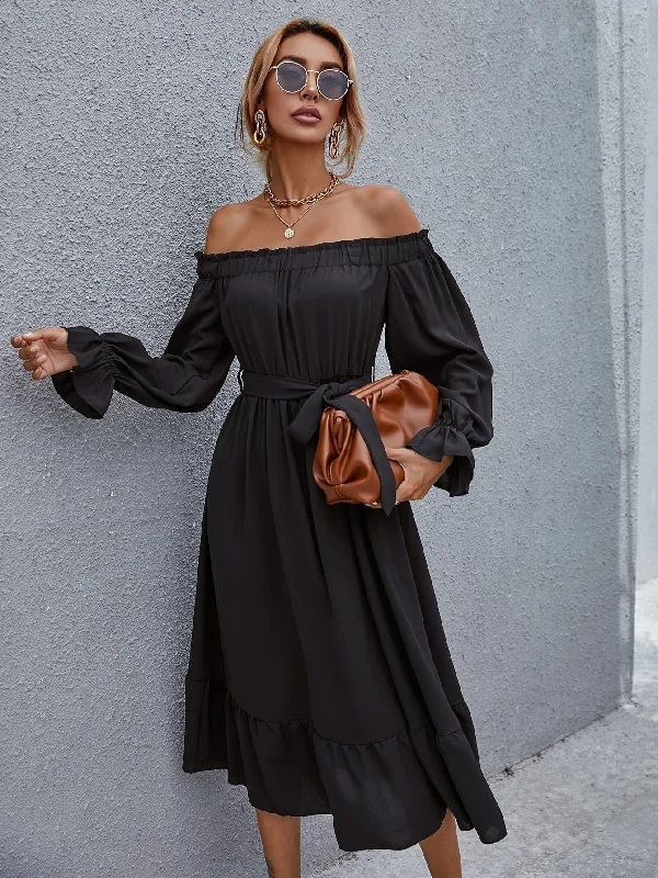 Plain Belted Long Sleeve Off The Shoulder Flounce High Waist Long Dress