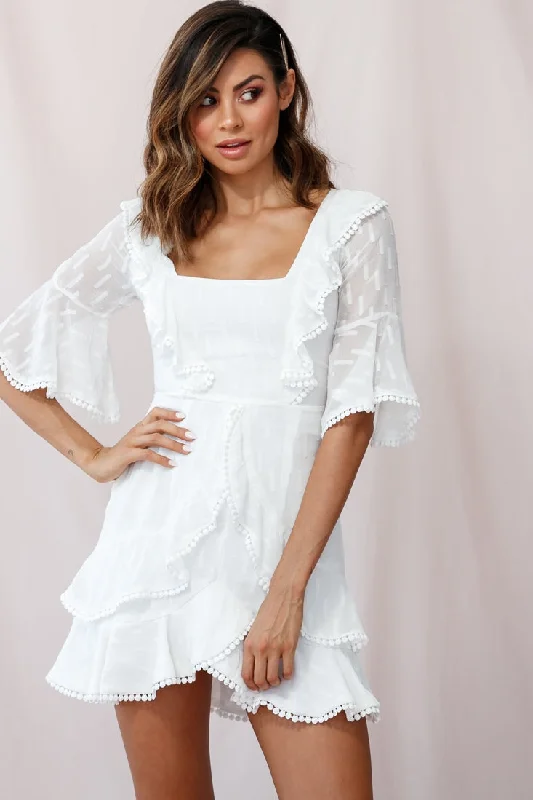 Evangelina Square Neckline Fluted Half-Sleeve Dress White