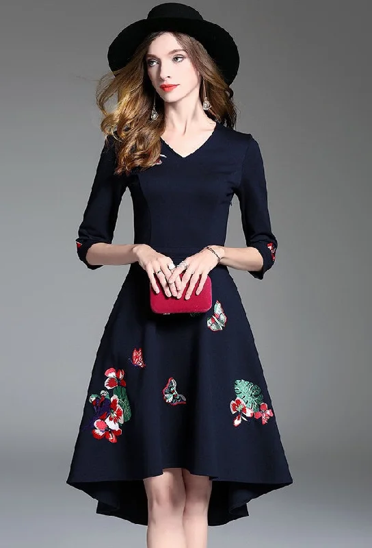 Floral Embroidered Asymmetrical Hem Dress