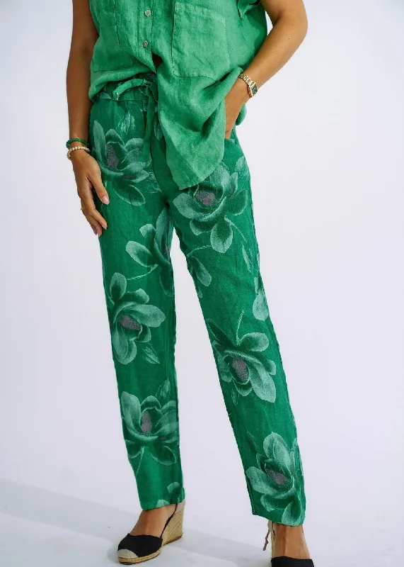 Pure Linen Italian Floral Printed Joggers in Forest Green