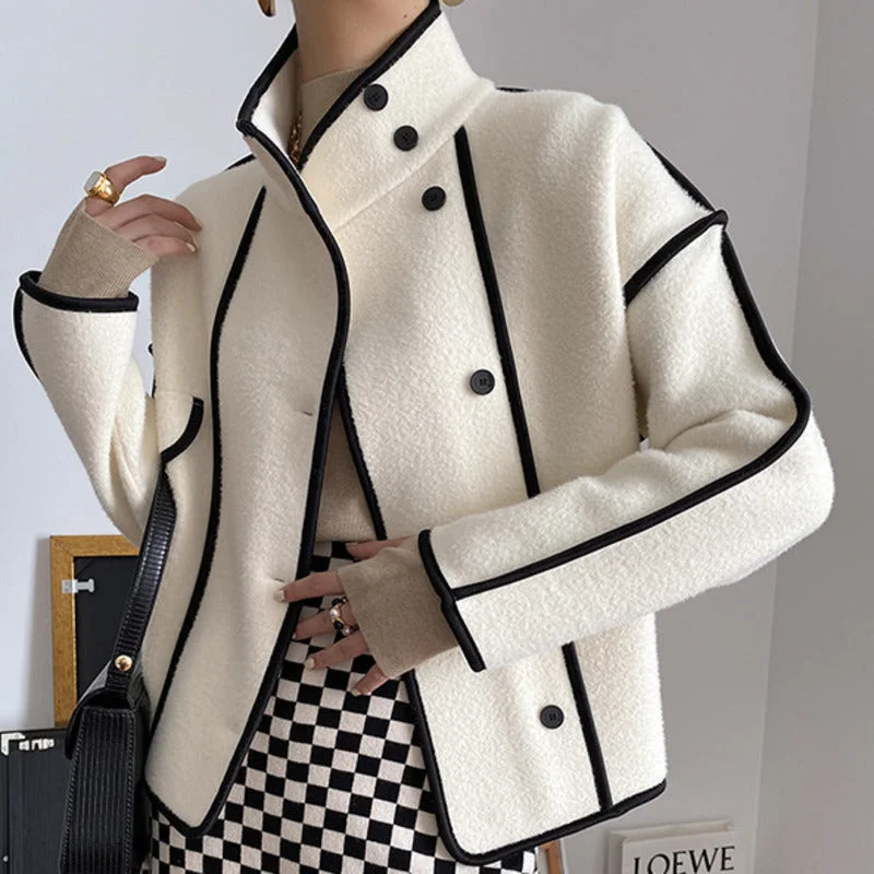 Contrasting Hem Stand Collar Cropped Coat