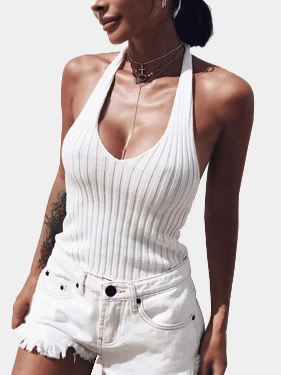 OEM ODM Halter Deep V Neck Sleeveless White Camis