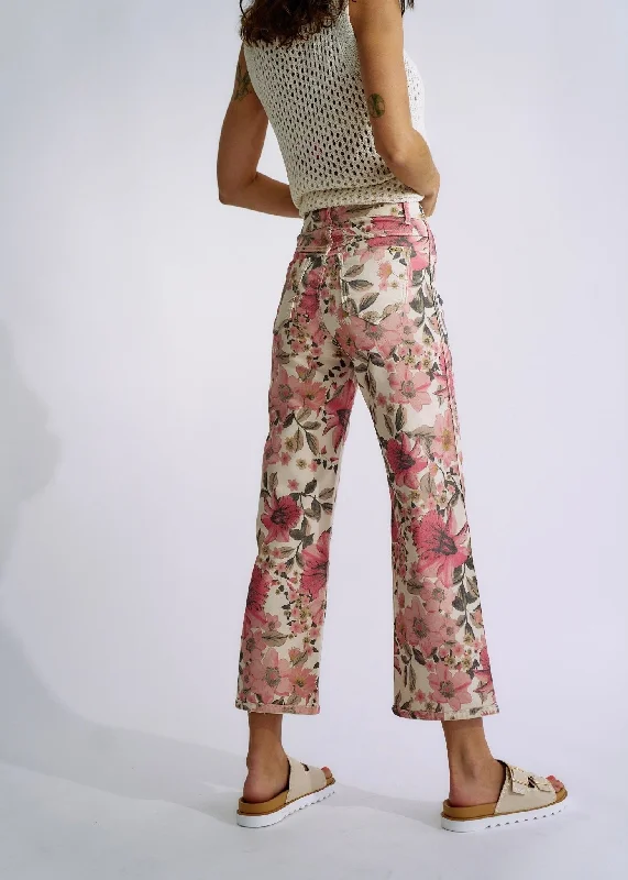 Flared and Cropped Reversible Jeans with Summer Print in Beige