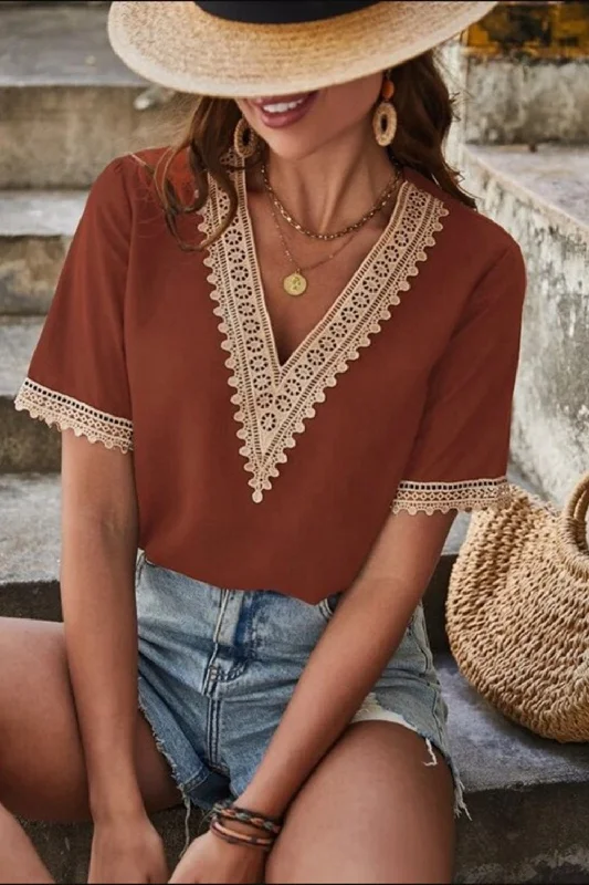 Full Size Lace Detail V-Neck Short Sleeve Blouse