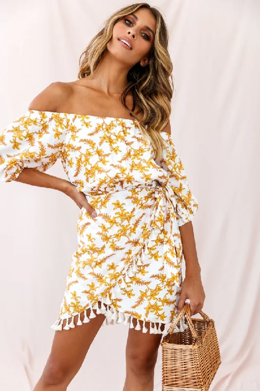 Cayman Tassel Trim Wrap Dress White/Yellow