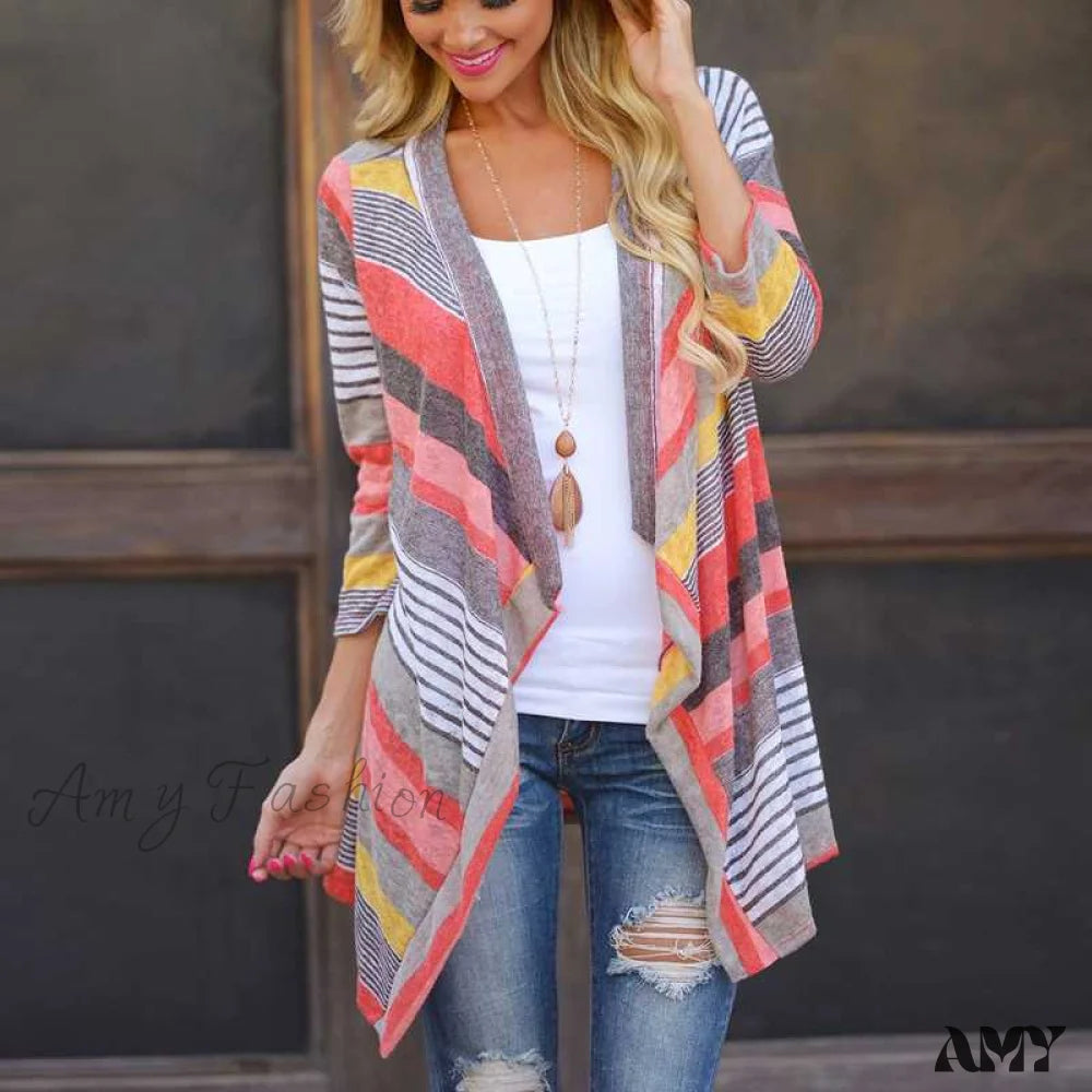 Amy Fashion - Striped Print Boho Cardigan Outwear Knitted Casual Vintage Coat