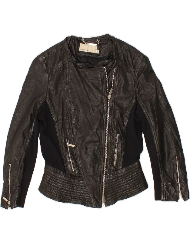 KAREN MILLEN Womens Crop Leather Jacket UK 8 Small Black Leather