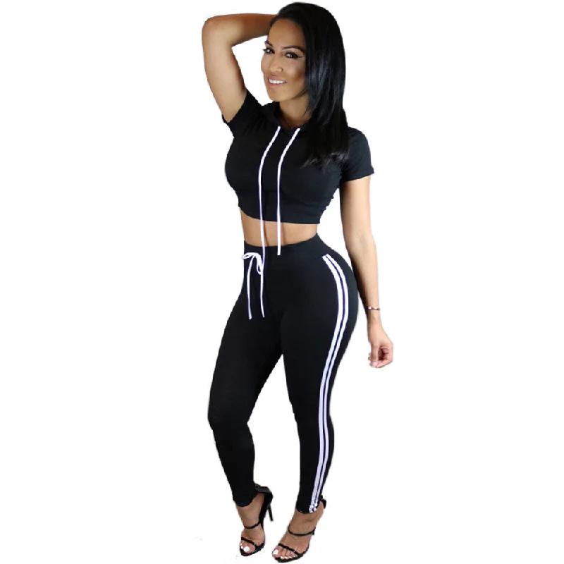 2 Pieces Outfit Hooded Short Sleeve Long Pants Bodysuit Casual Jumpsuit Bodycon