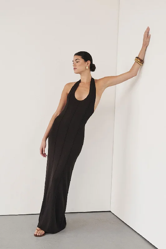 LISS BITTER CHOC HALTER MAXI DRESS