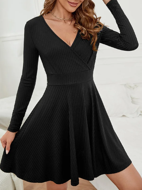 Plain Long Sleeve V Neck Flared High Waist Short Dress