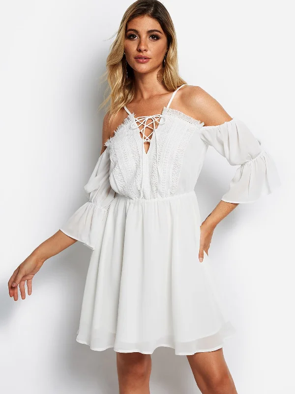 Wholesale White V-Neck Cold Shoulder 3/4 Length Sleeve Lace Lace-Up Partially Lined Mini Dress