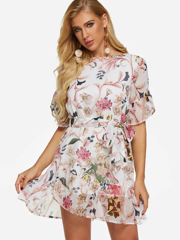 Wholesale White Round Neck Short Sleeve Floral Print Belt Self-Tie Flounced Hem Mini Dresses