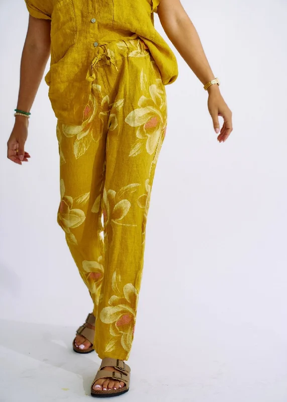 Pure Linen Italian Floral Printed Joggers Deep Yellow