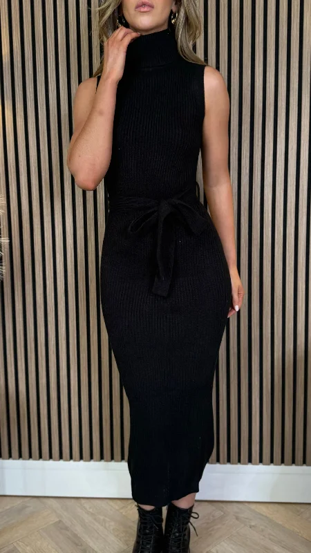 Paige Black Roll Neck Sleeveless Belted Knit Midi Dress