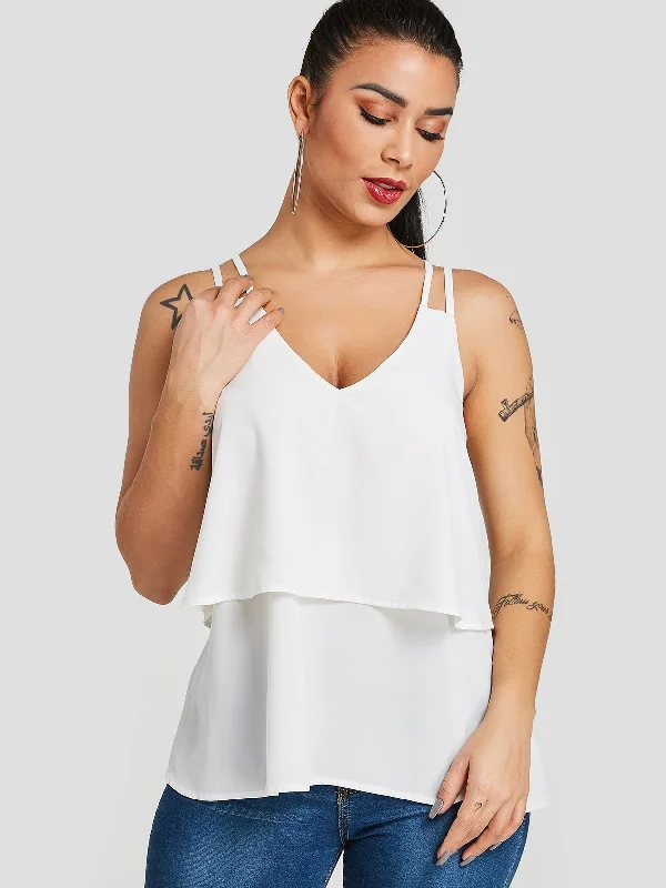 Custom V-Neck Tiered Spaghetti Strap Sleeveless White Camis