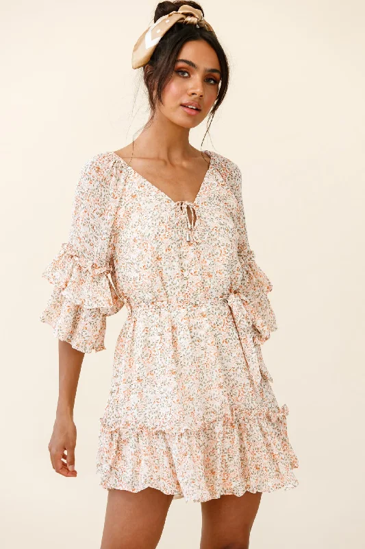 Forever Sunshine Flared Sleeve Waist Tie Dress Floral Print Nude