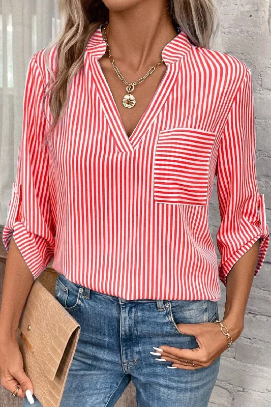 Striped Notched Roll-Tab Sleeve Shirt