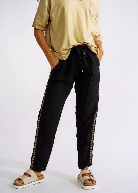 Italian Linen Joggers with Gold Hearts in Black