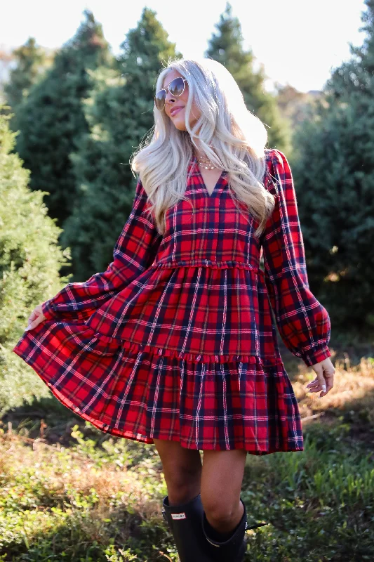 FINAL SALE - Adorably Demure Red Plaid Tiered Mini Dress