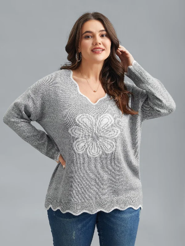 Floral Print Jacquard V-Neck Pullover