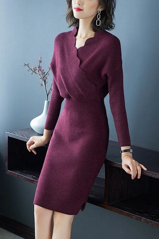 Scallop V Neck Sweater Dress