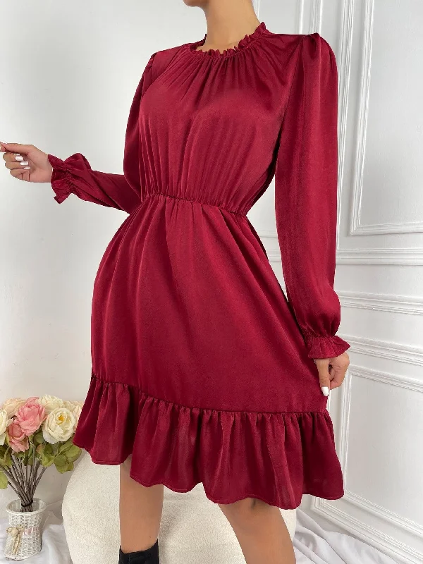 Plain Ruffle Hem Long Sleeve Stand Collar Flounce High Waist Short Dress