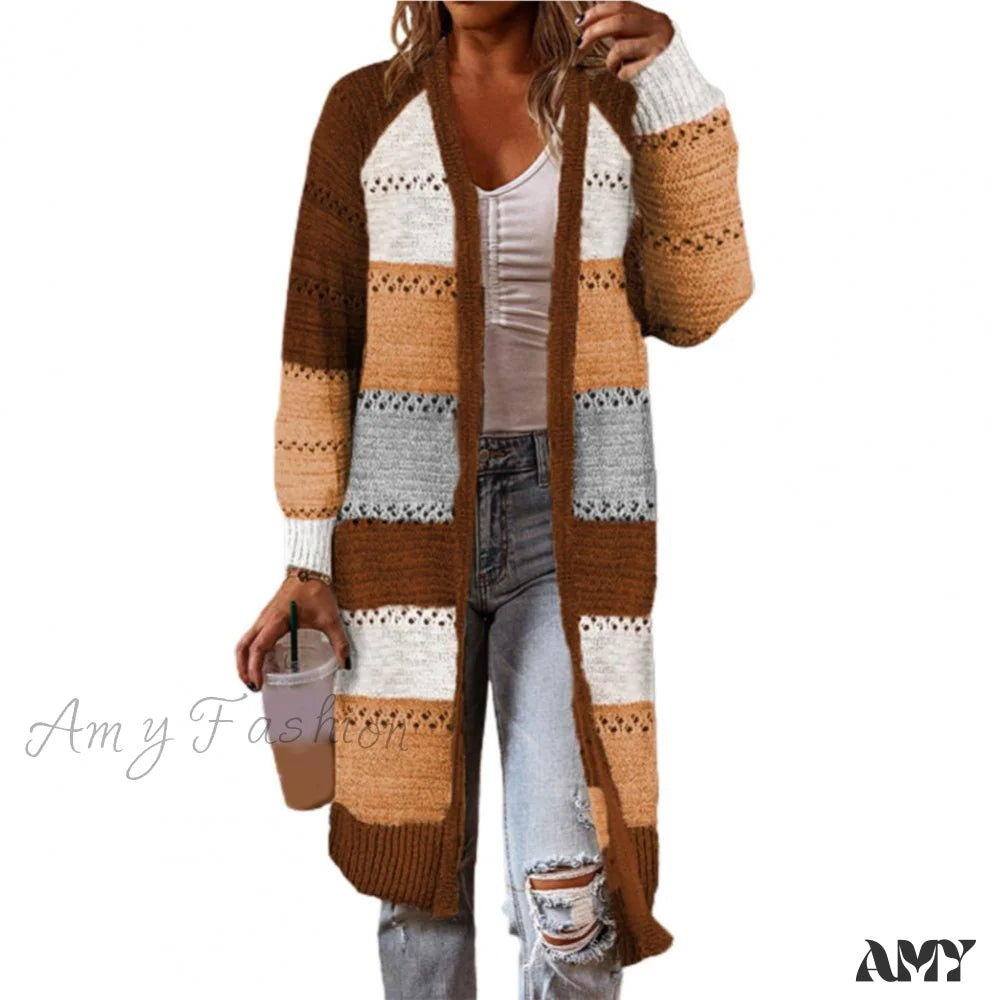 Amy Fashion - Women Cardigan Striped Comfy Patchwork Polyester Sweater