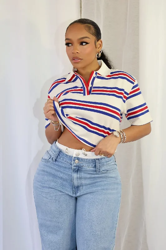 Sally Striped Collared Button Up Crop Top