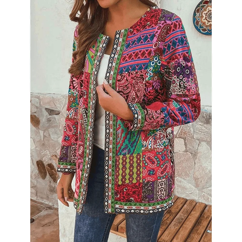 Boho-Chic Vintage Floral Long Sleeve Coats for Women - Ethnic-Inspired Print Design