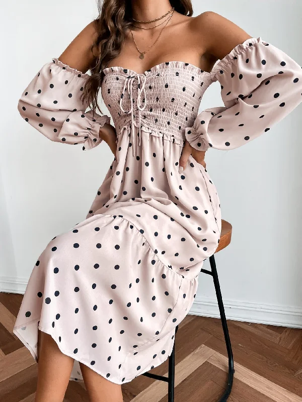 Polka Dot Shirred Long Sleeve Off The Shoulder Flounce High Waist Midi Dress