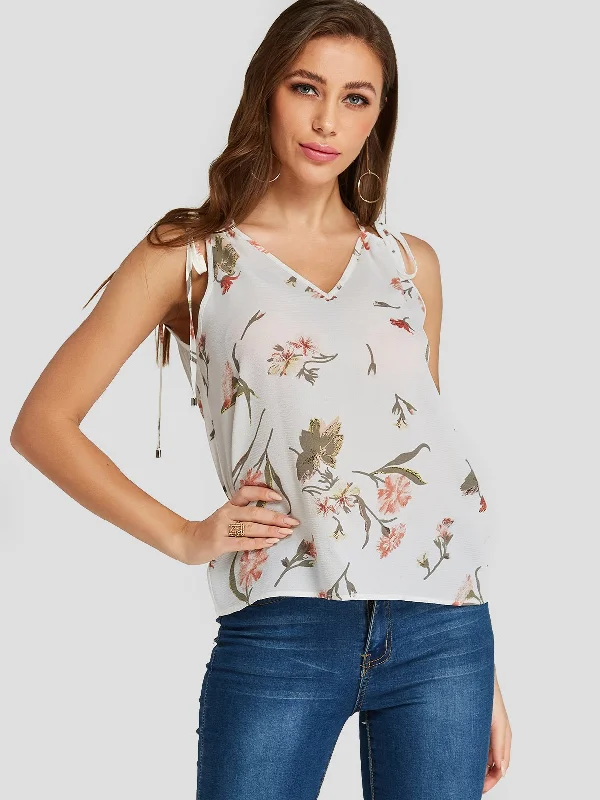 Custom V-Neck Floral Print Self-Tie Sleeveless White Camis