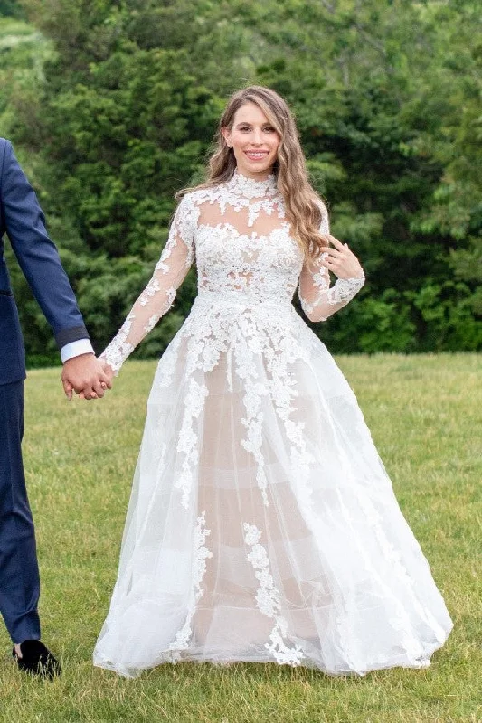 Appliques High Neck Wedding Gown with Sheer Long Sleeves