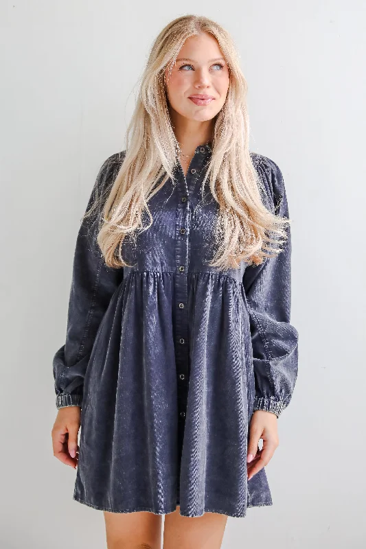 FINAL SALE - Cutest Expectation Charcoal Corduroy Babydoll Mini Dress