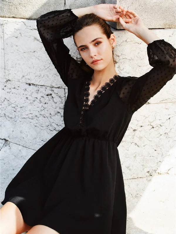 Plain Contrast Lace Long Sleeve V Neck Flared Natural Short Dress