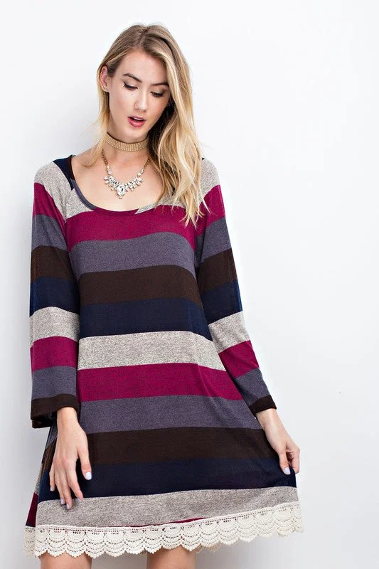 Color Block Stripe Knit Dress W/ Lace