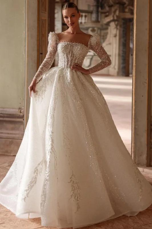 Elegant Long Sleeves Beaded Appliques Lace A-Line Square-Neck Wedding Dress