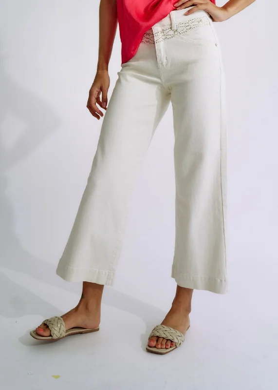 Cream Flared Jeans with Embroidery Detail