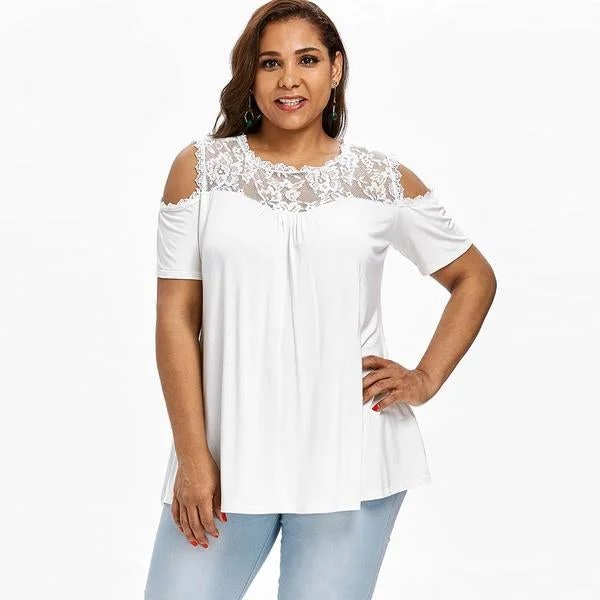 ANALUKE Cold Shoulder Lace Panel Short Sleeve T-Shirt