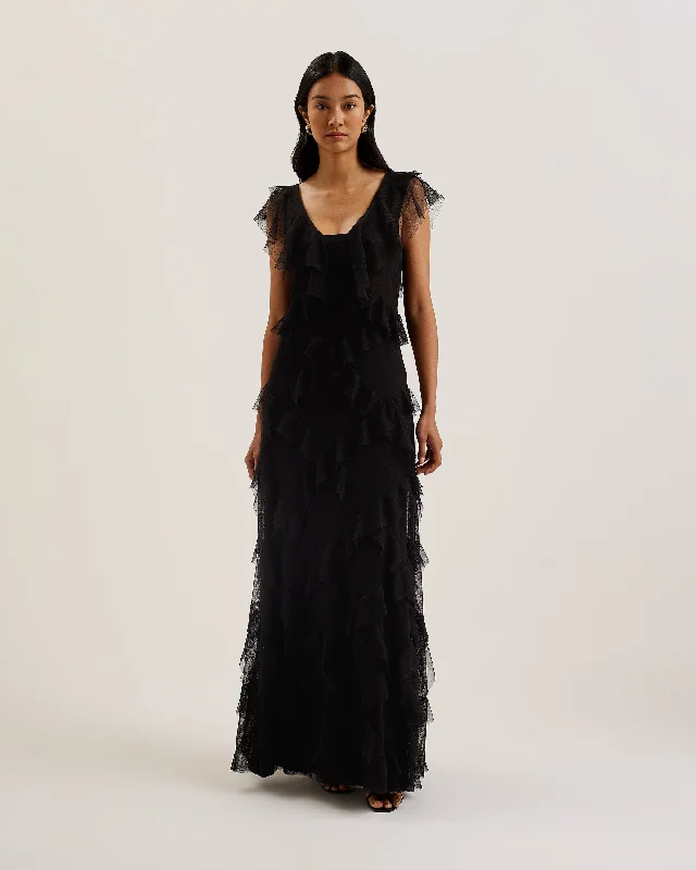 Nikaa Mesh Ruffle Plunge Maxi Dress Black