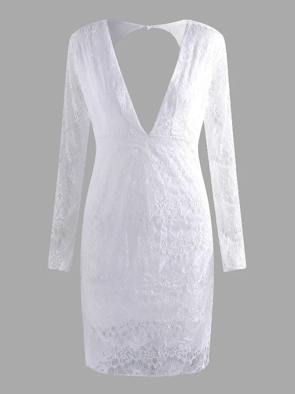 Wholesale White Deep V Neck Long Sleeve Lace Zip Back Backless Cut Out Bodycon Mini Dresses