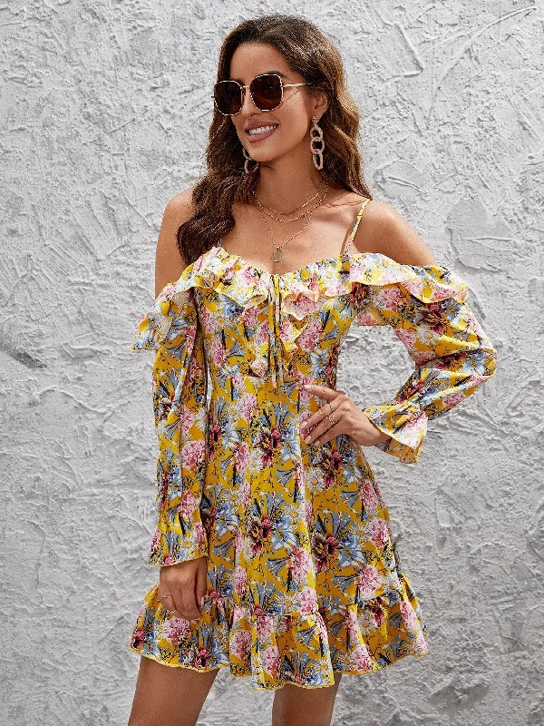 All Over Print Knot Long Sleeve Cold Shoulder Semi-Sheer Flounce High Waist Short Dress