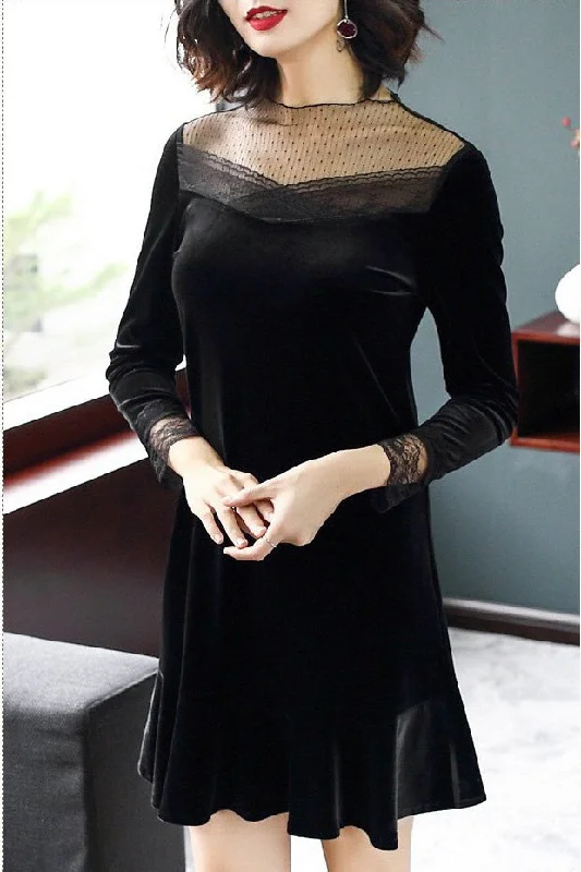 Long Sleeve Lace and Velvet Dress