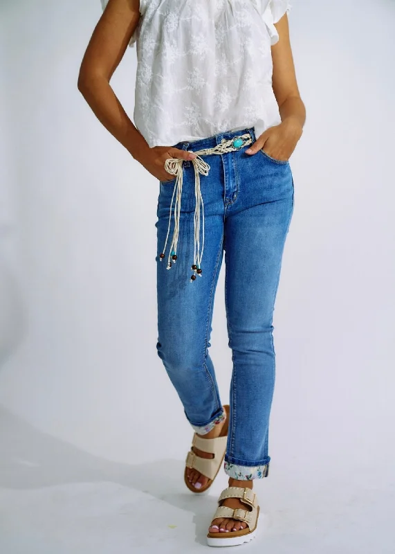 Straight Leg Jeans with Macrame Belt and Floral Hemline in Blue