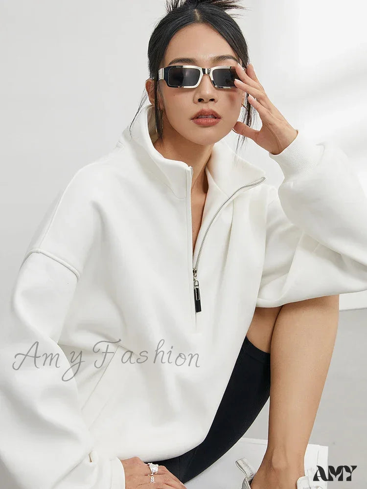 Casual Half Zip Oversized Solid Color Stand Collar Long Sleeve Hoodie