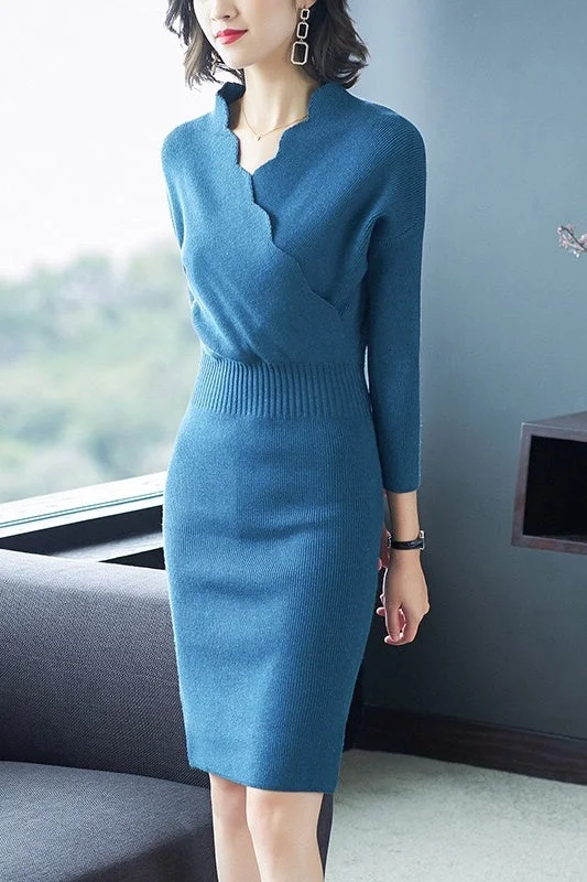 Scallop V Neck Sweater Dress